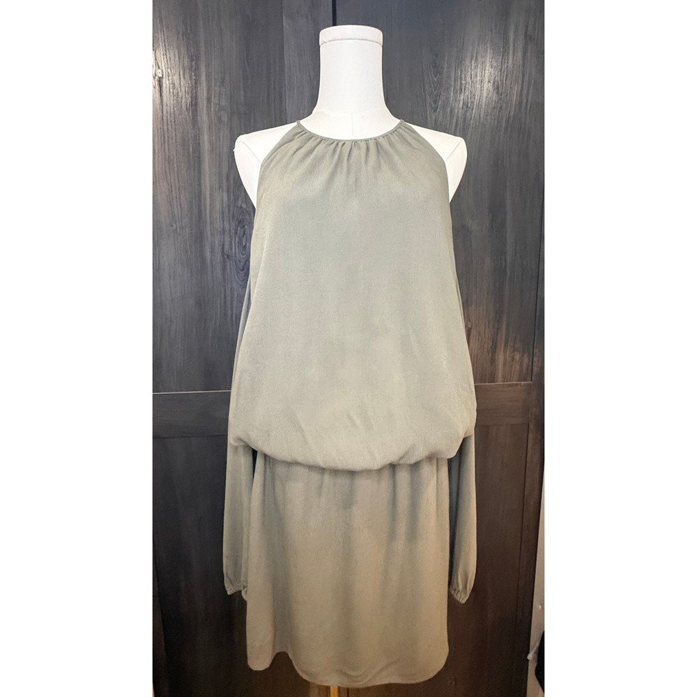 Tobi Olive Green Cut Out Cold Shoulder Blouson Mini Dress Lined L NWT